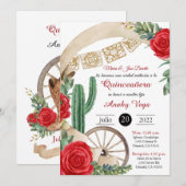 Charro Huapango Quinceanera Invitation, Red Roses Kaart (Voorkant / Achterkant)