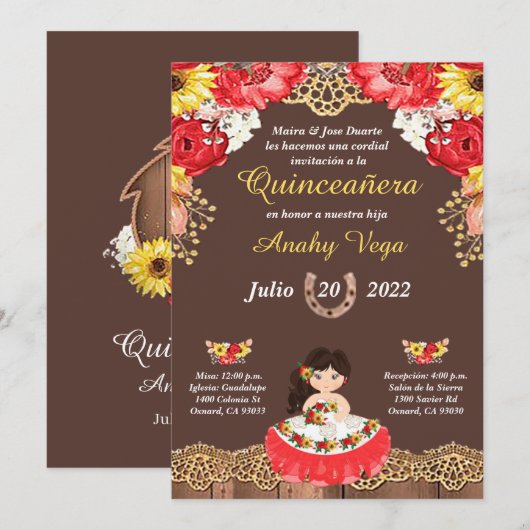 Charro Invitation Red Roses, Hacienda, Sunflower Aankondiging (Voorkant / Achterkant)