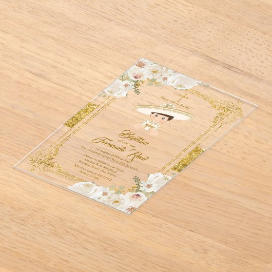Charro Mexicaans Gouden Fiesta Jongens Doop Christ Acryl Uitnodigingen (Laagn)