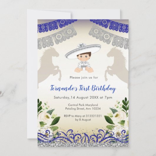 Charro Navy Blauw Zilver 1e verjaardag uitnodiging (Voorkant)