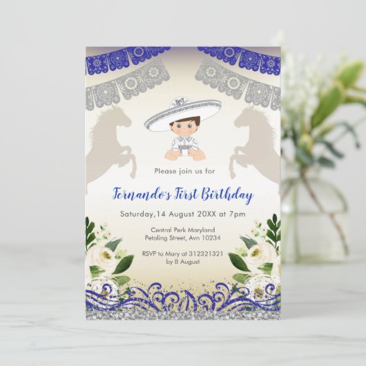 Charro Navy Blauw Zilver 1e verjaardag uitnodiging (Staand voorkant)