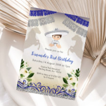 Charro Navy Blauw Zilver 1e verjaardag uitnodiging