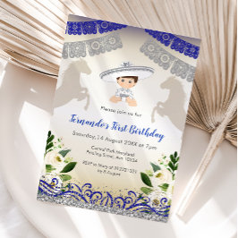 Charro Navy Blauw Zilver 1e verjaardag uitnodiging