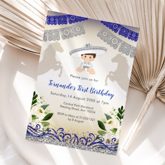Charro Navy Blauw Zilver 1e verjaardag uitnodiging