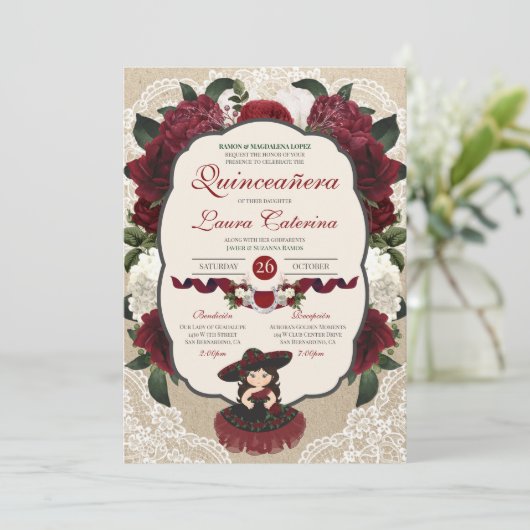 Charro Quinceanera Red Burgundy Floral Birthday Kaart (Staand voorkant)