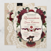 Charro Quinceanera Red Burgundy Floral Birthday Kaart (Voorkant / Achterkant)