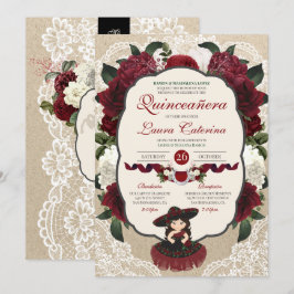 Charro Quinceanera Red Burgundy Floral Birthday Kaart