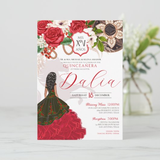 Charro Quinceañera Red Rose Floral Crest Western Kaart (Staand voorkant)