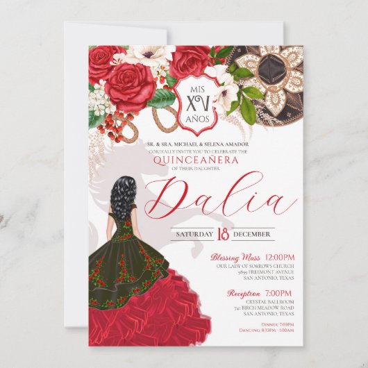 Charro Quinceañera Red Rose Westerne prinses Gown Kaart (Voorkant)