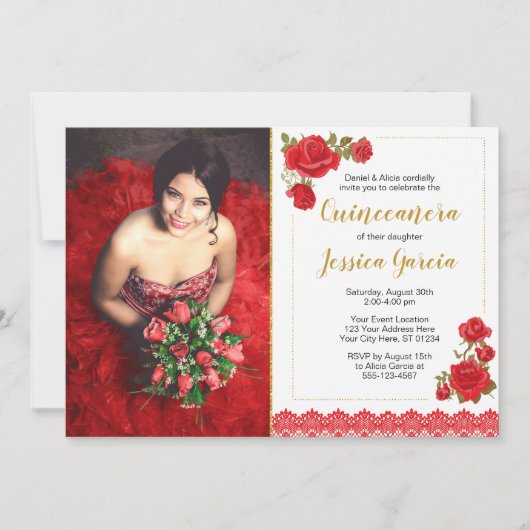 Charro Quinceañera Uitnodiging | Rozen en kant (Voorkant)