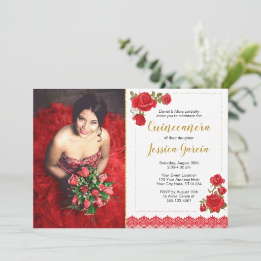 Charro Quinceañera Uitnodiging | Rozen en kant (Staand voorkant)