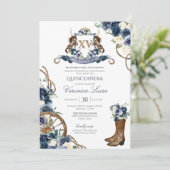 Charro Royal Navy Blue Floral Quinceanera Kaart (Staand voorkant)