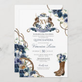 Charro Royal Navy Blue Floral Quinceanera Kaart (Voorkant / Achterkant)