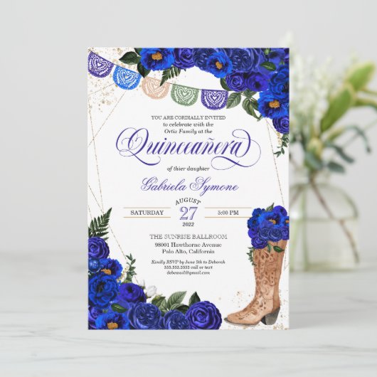 Charro Rustic Cowgirl Boots Blue Rozen Quinceañera Kaart (Staand voorkant)