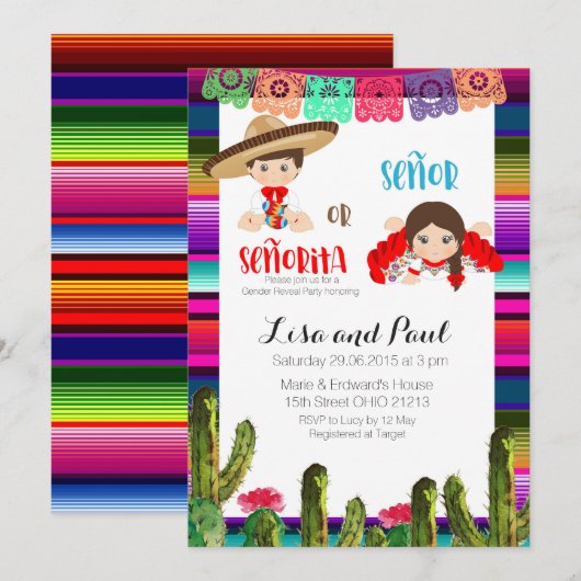 Charro Succulent Baby Gender onthulling Uitnodigin Kaart (Voorkant / Achterkant)