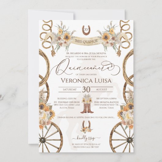 Charro Sunflower Country Rustic Floral Quinceanera Kaart (Voorkant)