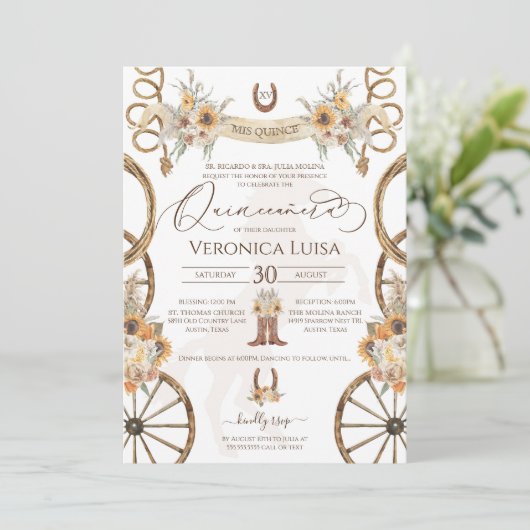 Charro Sunflower Country Rustic Floral Quinceanera Kaart (Staand voorkant)