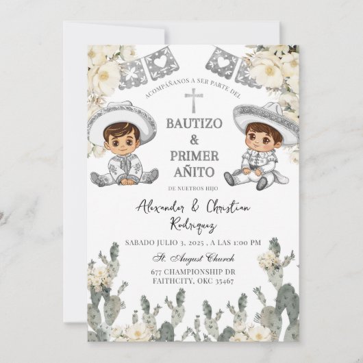 Charro Twins Boy Mexicaanse doop en eerste verjaar Kaart (Voorkant)