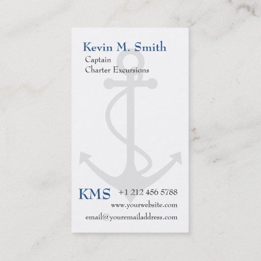 Charter Boot Kapitein Anker Blauw en Wit Visitekaartje (Achterkant)