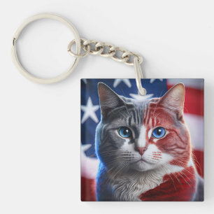 Chartreaux Kattenras met Amerikaanse vlag achtergr Sleutelhanger