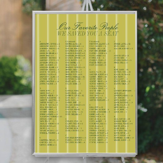 Chartreuse Alphabetical Wedding Seating Chart Poster