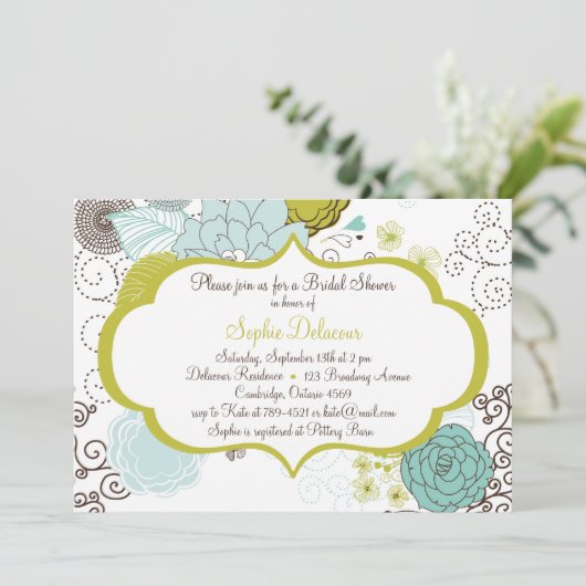 Chartreuse & Blue Floral Bridal Shower Kaart (Staand voorkant)
