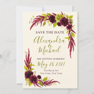 Chartreuse & Bourgogne Bloemen Save the Date Kaart