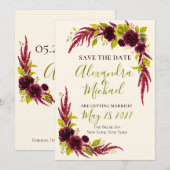 Chartreuse & Bourgogne Bloemen Save the Date Kaart (Voorkant / Achterkant)