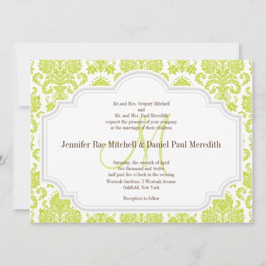 Chartreuse Damask Gray White Wedding Invitations Kaart (Voorkant)