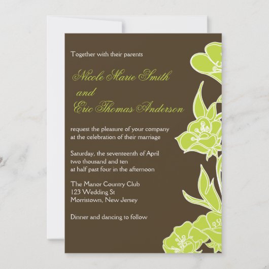 Chartreuse en bruine Floral Wedding Invitations Kaart (Voorkant)