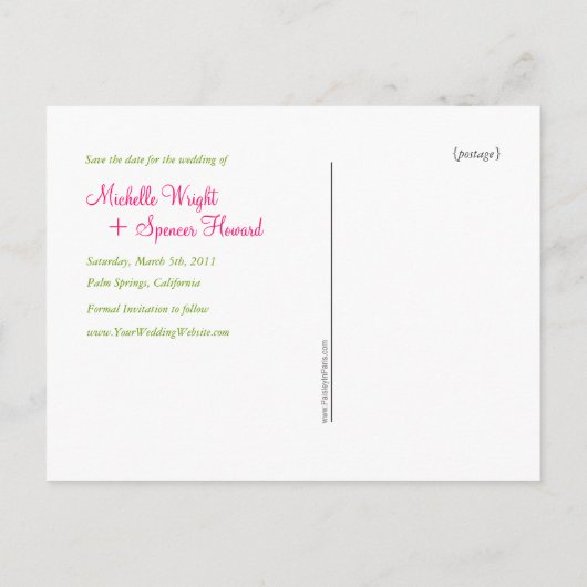 Chartreuse en roze bloesems redden de data aankondigingskaart (Achterkant)