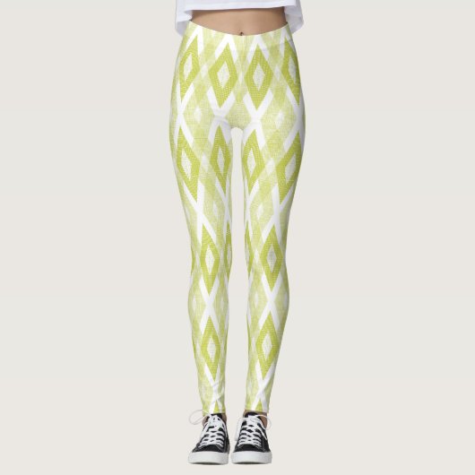 Chartreuse en Witte Grunge Harlekijnpatroon Leggings (Voorkant)