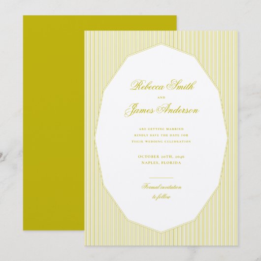 Chartreuse Formal Elegant Classic Stripes Wedding Save The Date (Voorkant / Achterkant)