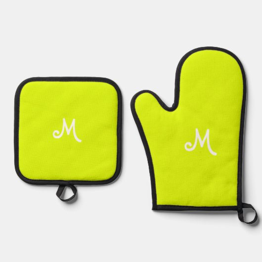 Chartreuse geel - monogrammen ovenwant & pannenlap set (Voorkant)