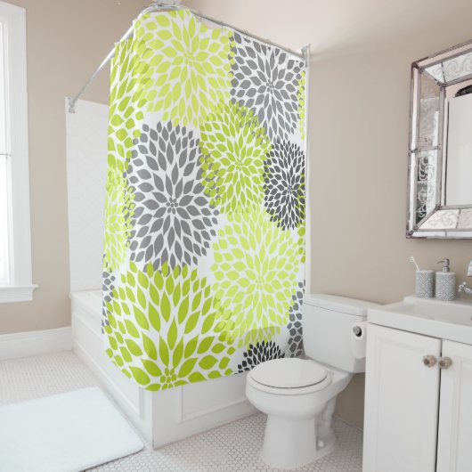 Chartreuse Gray Dahlia Floral Douchegordijn (In situ)