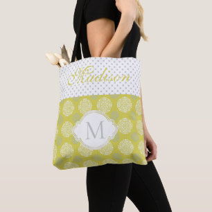 Chartreuse Gray Stippen Trendy Initiaal Monogram Tote Bag