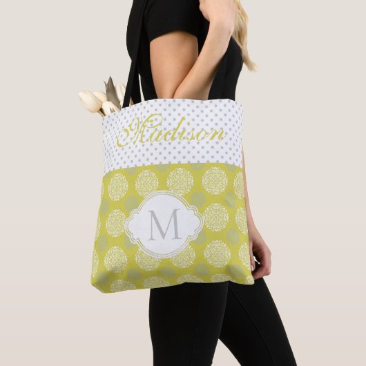 Chartreuse Gray Stippen Trendy Initiaal Monogram Tote Bag (Dichtbij)