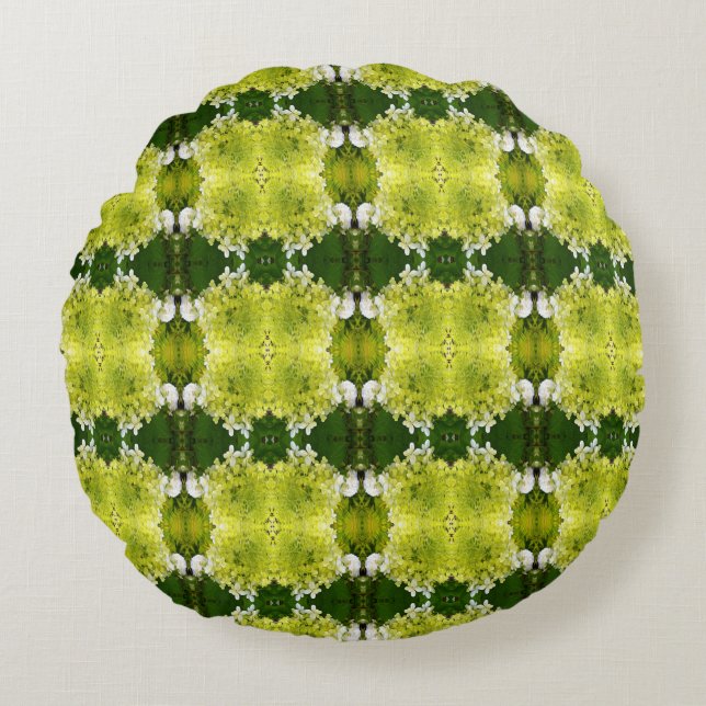 Chartreuse Green Abstract Hydrangea Blooms Patroon Rond Kussen (Voorkant)