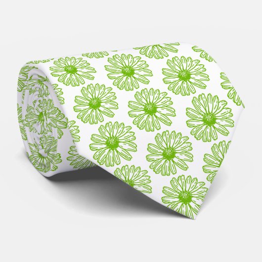 Chartreuse Green Daisy Print, Hippie Flower Print Stropdas (Opgerold)