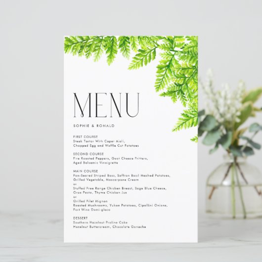 Chartreuse Green Fern Leaves Wedding Menu Kaart (Staand voorkant)