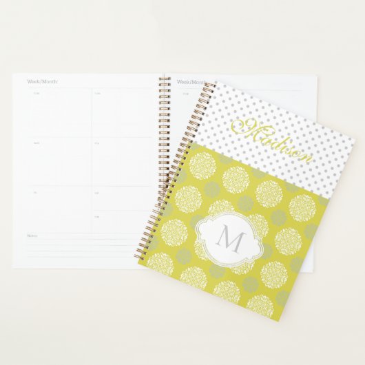 Chartreuse Grijze Stippen Trendy Monogram Planner (Display)