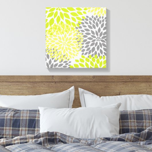 Chartreuse Groene moderne dahlia bloesems kunst aa Canvas Afdruk (Insitu (Slaapkamer))