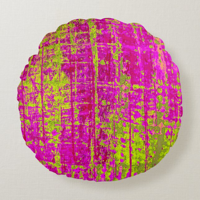 Chartreuse Kiss Pink en Green Abstract Rond Kussen (Voorkant)
