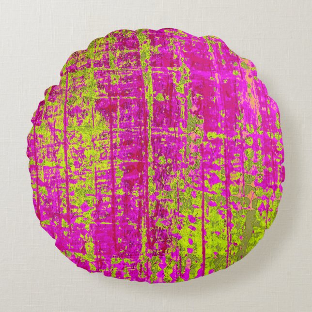 Chartreuse Kiss Pink en Green Abstract Rond Kussen (Voorkant)