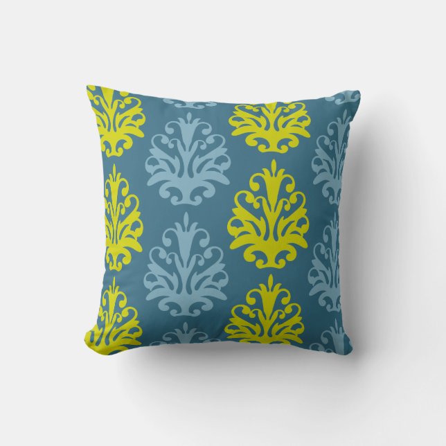 Chartreuse leisteen blauw turquoise damast kussen (Voorkant)