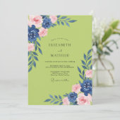 Chartreuse Navy Blossom Bruiloft Kaart (Staand voorkant)