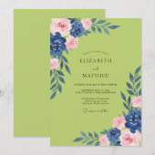 Chartreuse Navy Blossom Bruiloft Kaart (Voorkant / Achterkant)