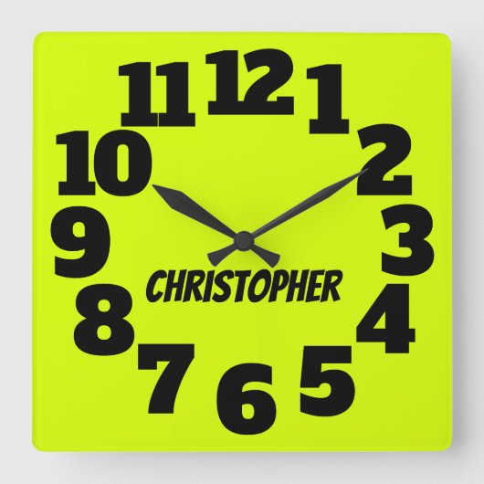 Chartreuse Neon Yellow-Green Big Numbers Vierkante Klok (Voorkant)
