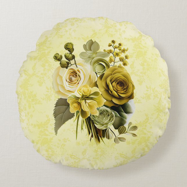 Chartreuse Olijf Bloemen Rond Kussen (Voorkant)
