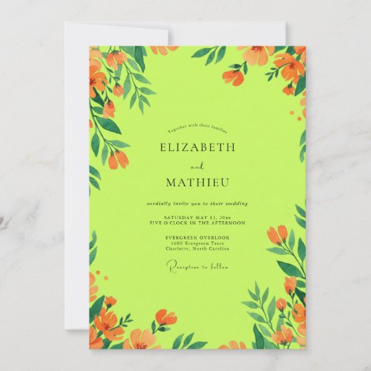 Chartreuse Oranje Wilde Bloemen Bruiloft Kaart (Voorkant)